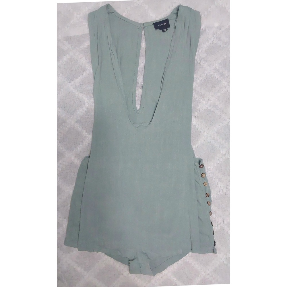 Heyson Sage Green Deep V-Neck Romper with Side Buttons Size Small
